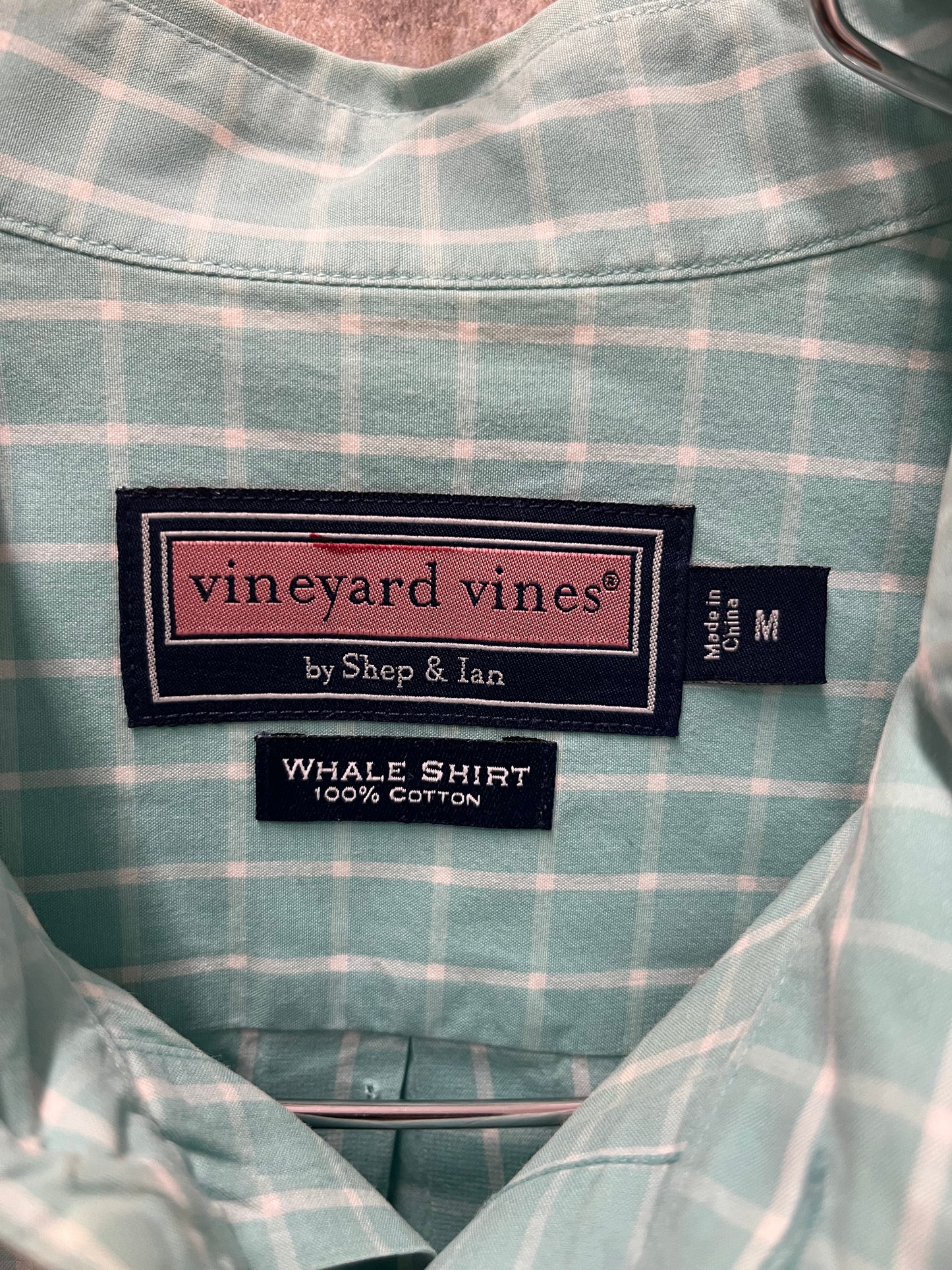 Vineyard, vines, whale shirt, size medium, aqua color long sleeve button up preowned