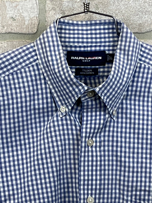 Ralph Lauren, golf short sleeve button up shirt, size large, blue, check, picnic plaid preowned