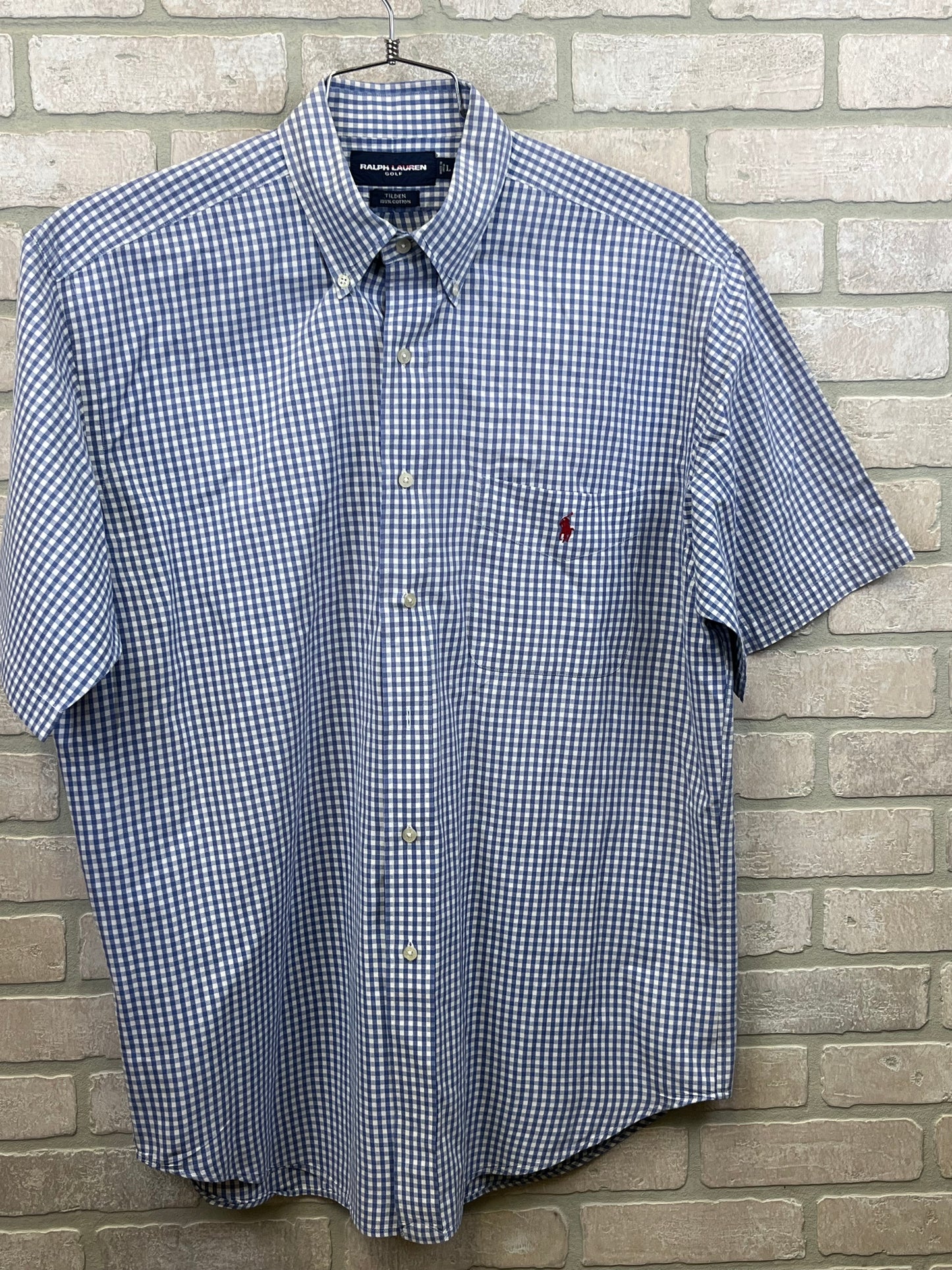 Ralph Lauren, golf short sleeve button up shirt, size large, blue, check, picnic plaid preowned