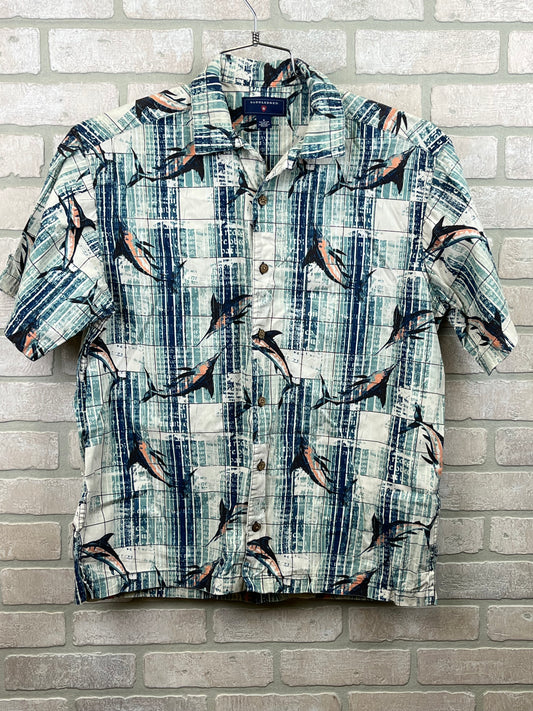 Saddlebred short sleeve button up fishing Hawaiian shirt, size medium preowned