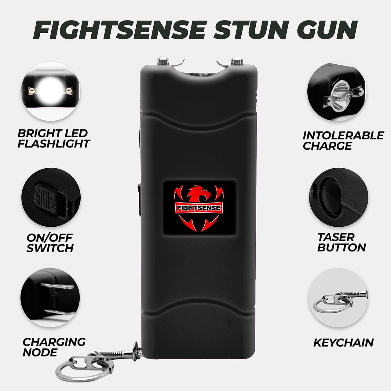 FIGHTSENSE Mini Stun Gun Keychain & Pepper Spray Combo Pack for Self Defense Kit - Extremely Powerful Stun Gun Flashlight for Women (Black)