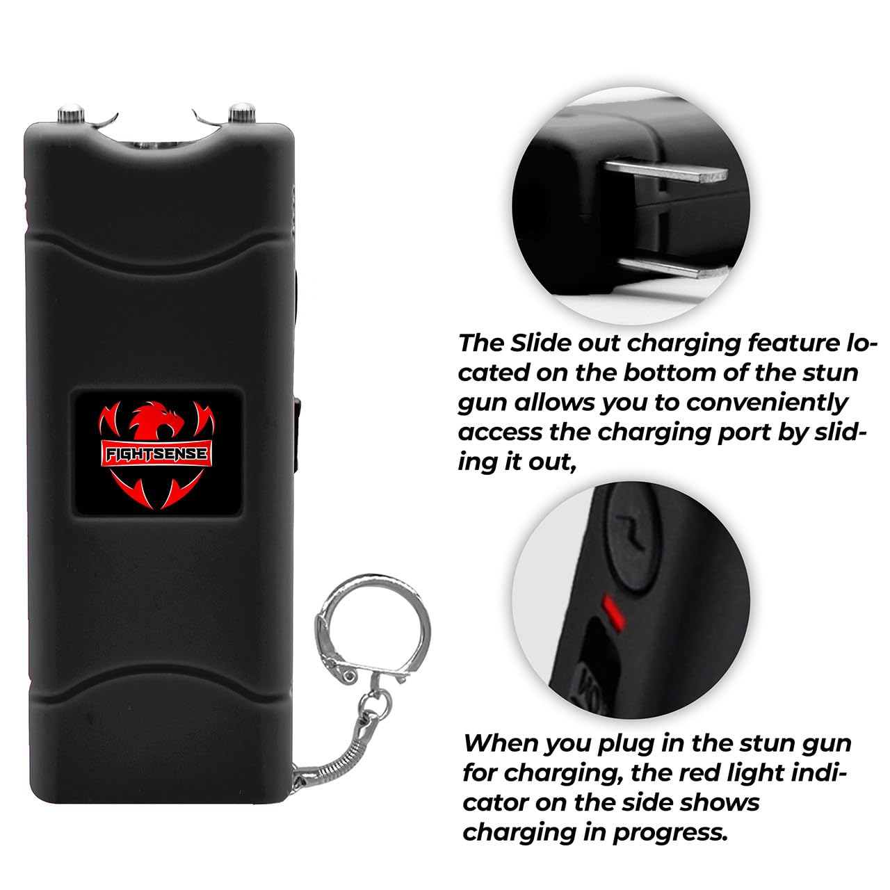 FIGHTSENSE Mini Stun Gun Keychain & Pepper Spray Combo Pack for Self Defense Kit - Extremely Powerful Stun Gun Flashlight for Women (Black)