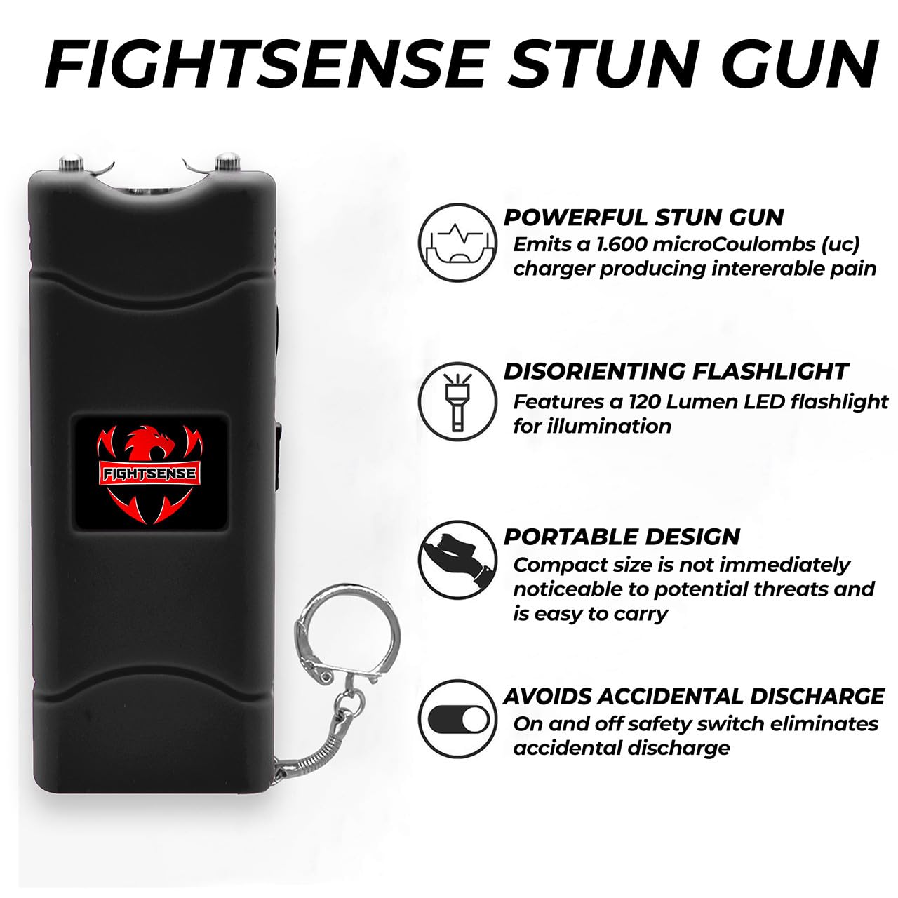 FIGHTSENSE Mini Stun Gun Keychain & Pepper Spray Combo Pack for Self Defense Kit - Extremely Powerful Stun Gun Flashlight for Women (Black)