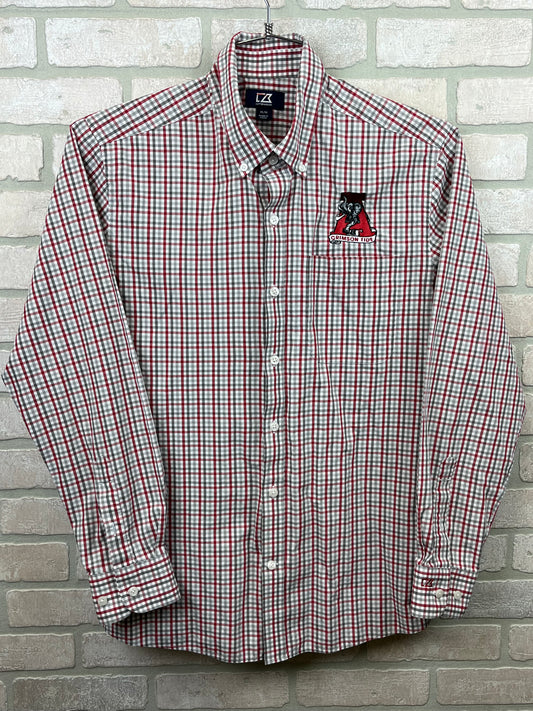 ￼ Alabama Crimson Tide shirt, long sleeve button up picnic table plaid Men’s Sz medium cutter, buck brand preowned