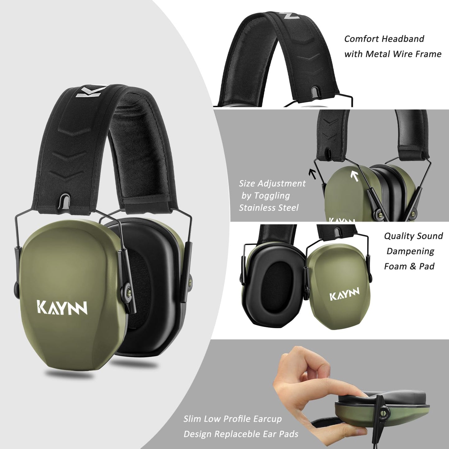 KAYNN 018 Shooting Ear Protection NRR 27dB,Adjustable Foldable Noise Reducing Hearing Protection Earmuffs for Shooting(1Pack-Green)