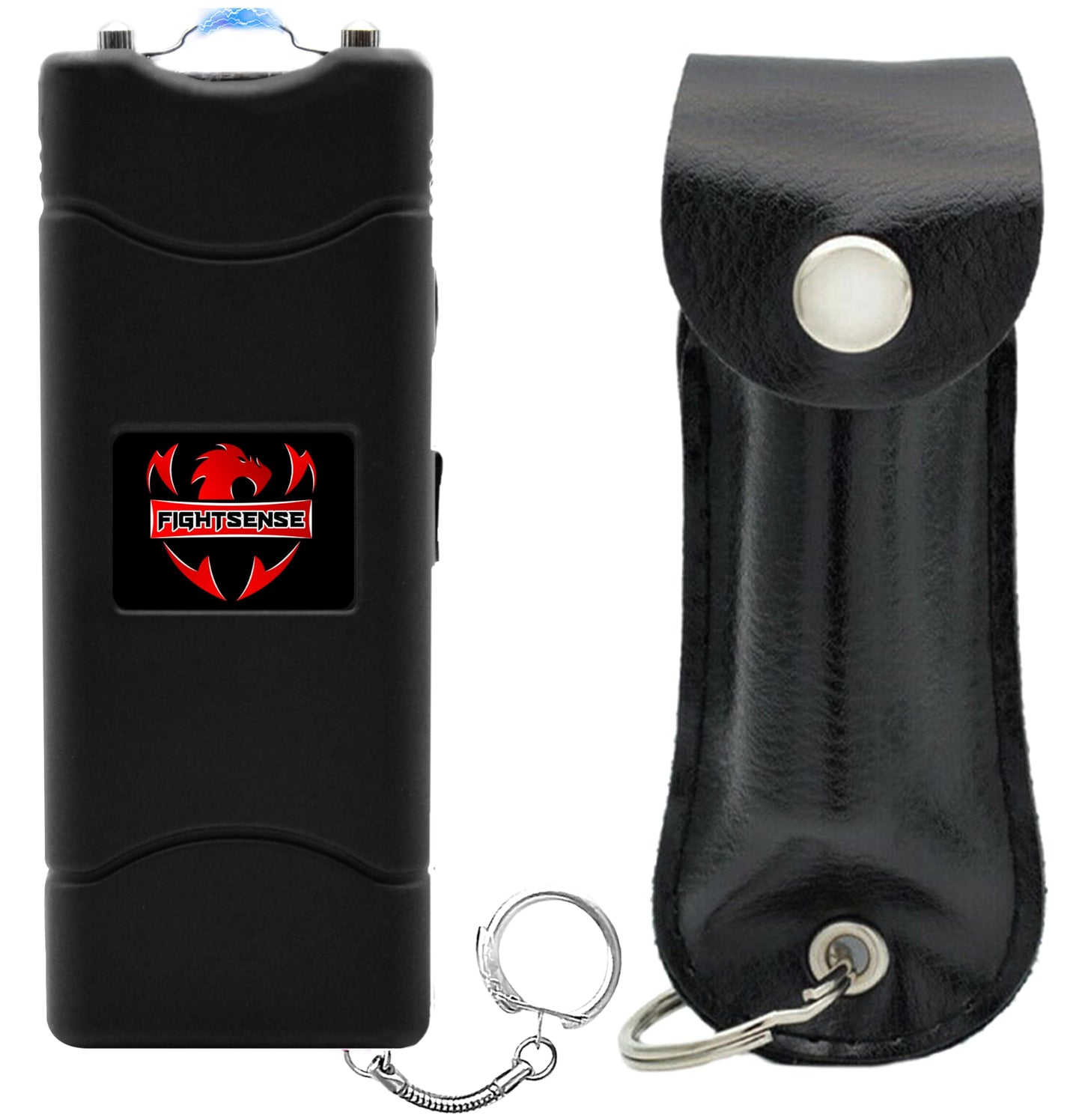 FIGHTSENSE Mini Stun Gun Keychain & Pepper Spray Combo Pack for Self Defense Kit - Extremely Powerful Stun Gun Flashlight for Women (Black)