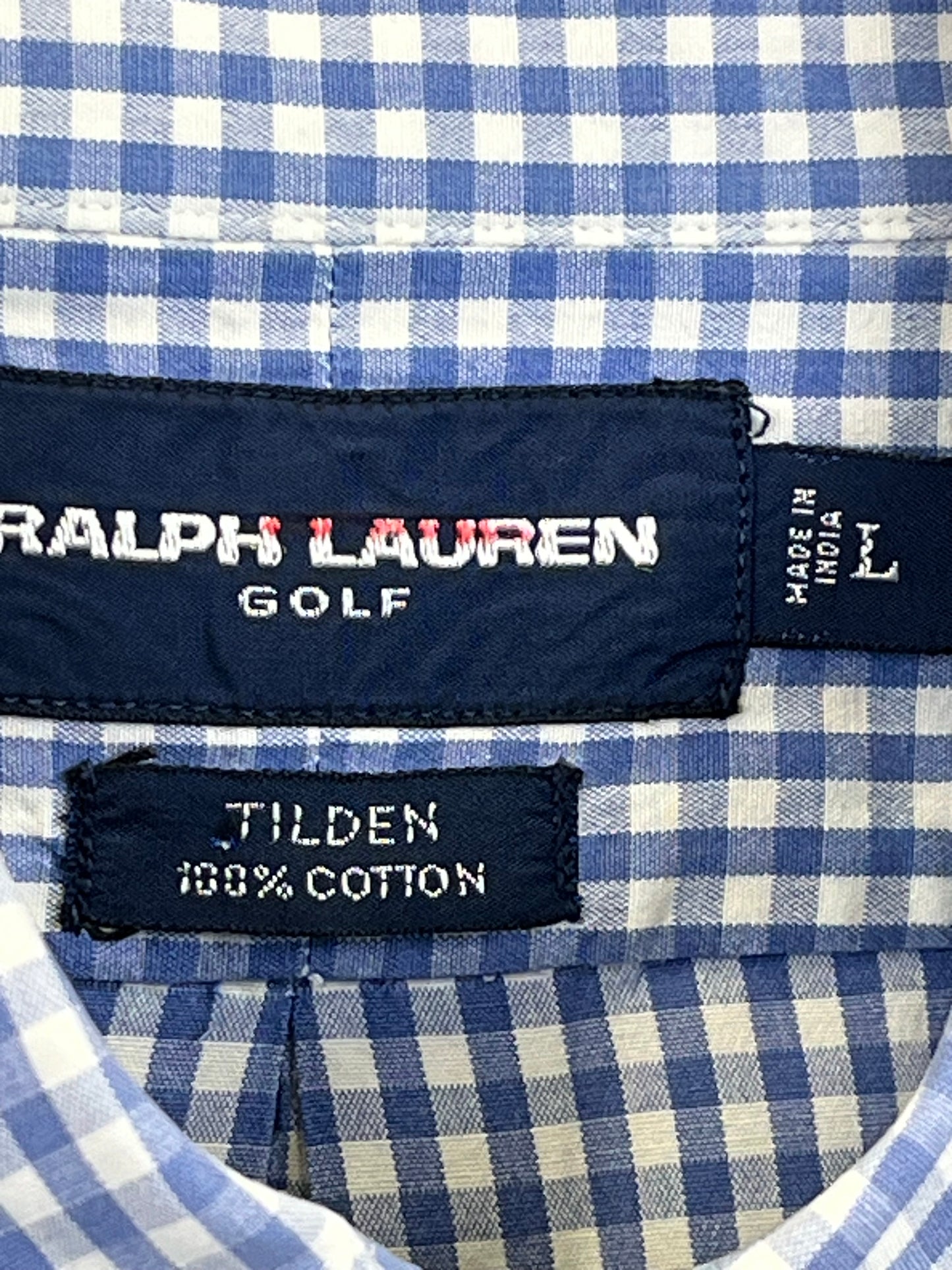 Ralph Lauren, golf short sleeve button up shirt, size large, blue, check, picnic plaid preowned