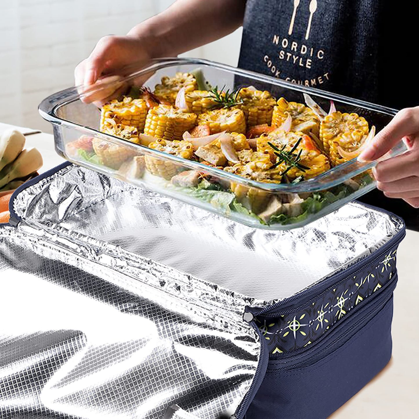 MIER Insulated Double Casserole Carrier Bag for Lasagna Lugger, Potluck Parties, Picnic, Beach, Fits 9 x 13 Inches Baking Dish, Casserole Dish, Expandable, Dark Blue