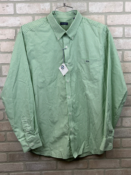 Fish hippie long sleeve button up shirt, check green picnic table plaid size extra large NWT