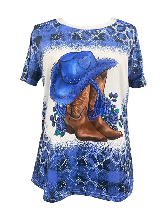 Cowgirl T-shirt with cowgirl hat, and cowgirl boots logo blue Sz Small