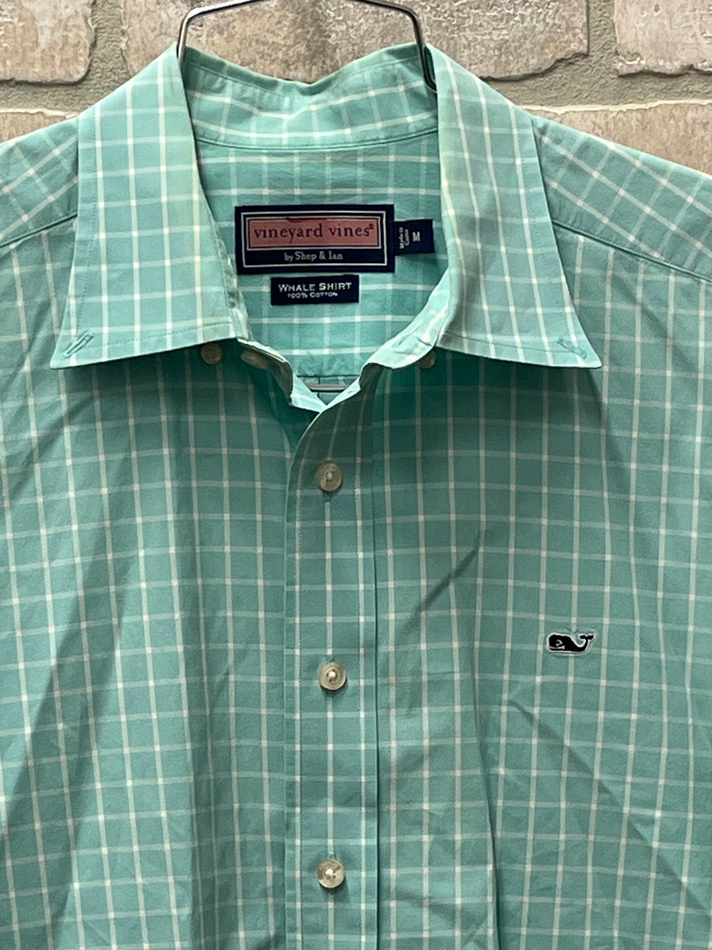 Vineyard, vines, whale shirt, size medium, aqua color long sleeve button up preowned