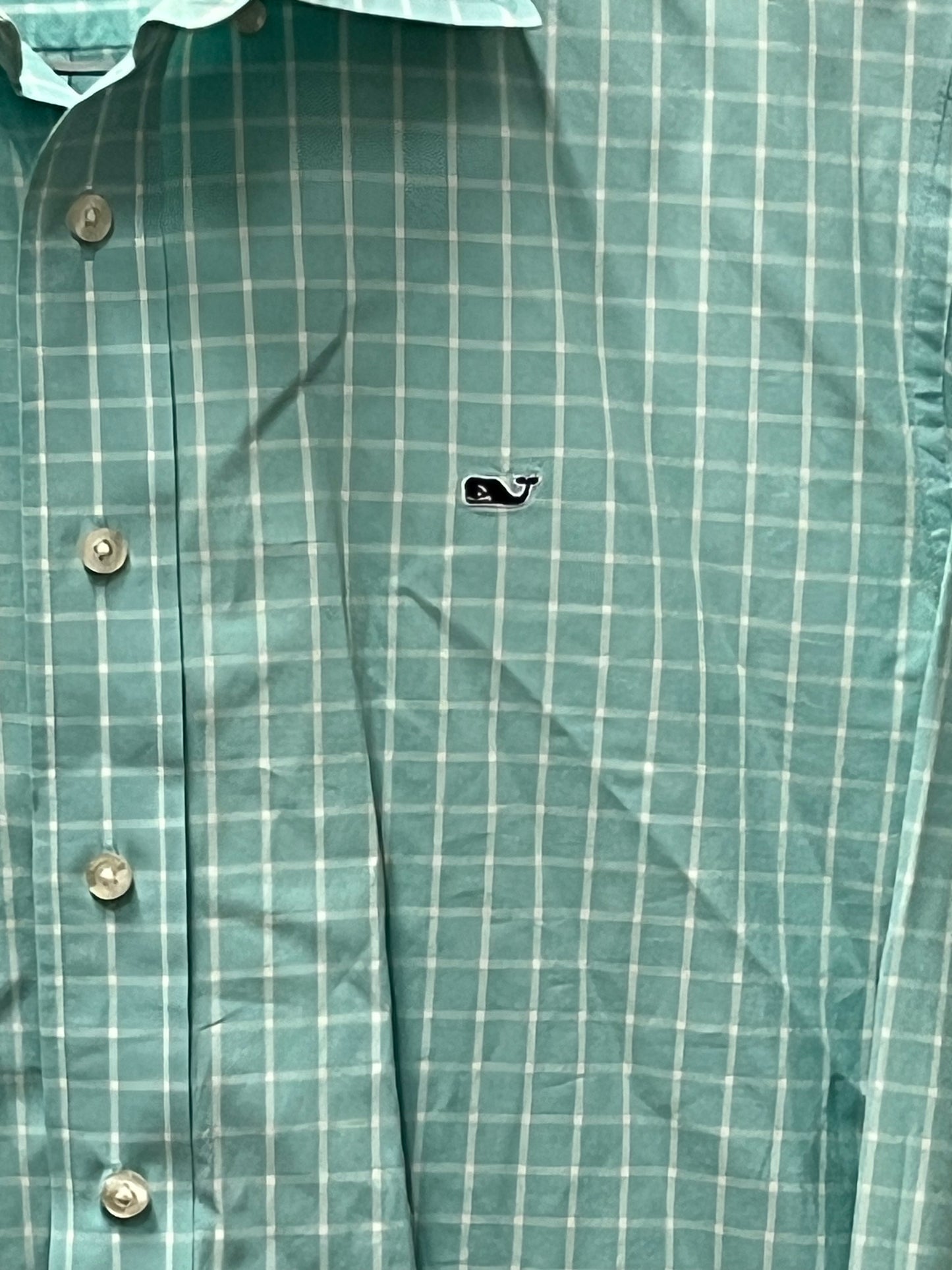 Vineyard, vines, whale shirt, size medium, aqua color long sleeve button up preowned