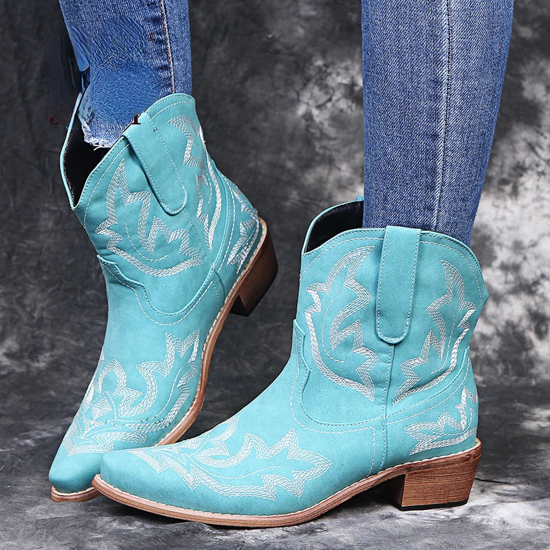 Casual Autumn Winter Western Cowboy Ankle Boots Women Snake Leather Cowgirl Booties Short Cossacks botas High Heels Shoes