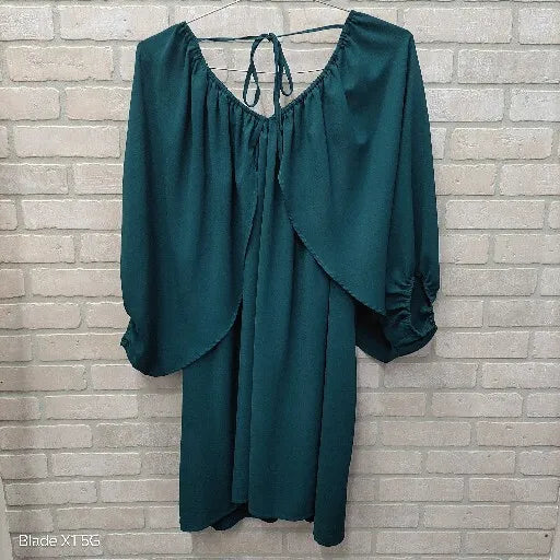 Oddy NWT Teal Green Sheer Bishop Split Sleeve Boho Pheasant Mini Dress 1XL