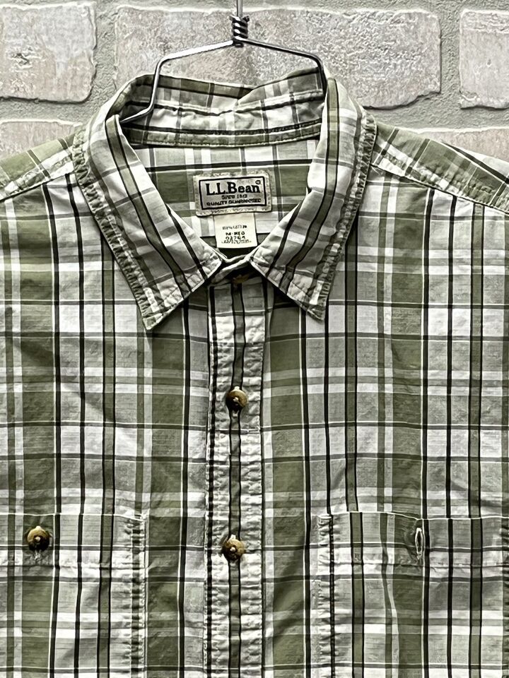 LL Bean Shirt Mens Medium Green Plaid Signature Button Up Long Sleeves pre-owned