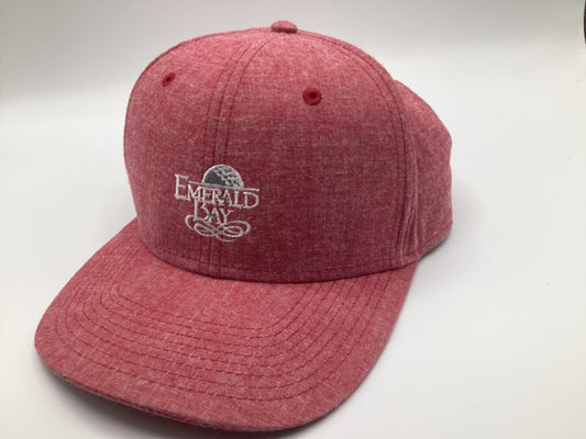 Trucker hat snap back red denim in color it say Emerald Bay by Pukka adjustable