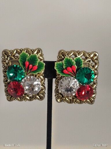 Vintage Kitchy Christmas Red Green Clear Rhinestone Goldtone Clip Earrings