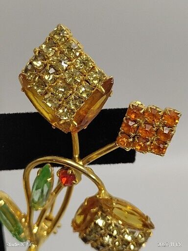 Vintage Topaz  Rhinestone Crystal Abstract Floral Navettes Brooch Pin Art Deco