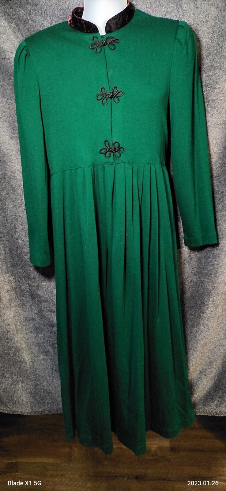 VTG USA Jessica Howard Green Puff Sleeve Velvet Collar Edwardian Modest Dress 12