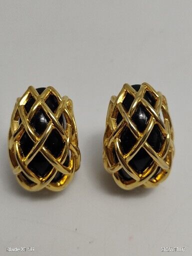 Vintage Signed Kenneth J Lane Gold Tone Caged Style Clip Earrings Black Acrylic