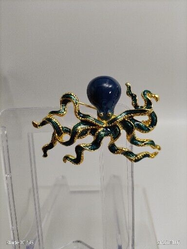 Vintage Signed MFA Museum of Fine Arts Octopus Enamel Brooch Pin Beach Teal Blue