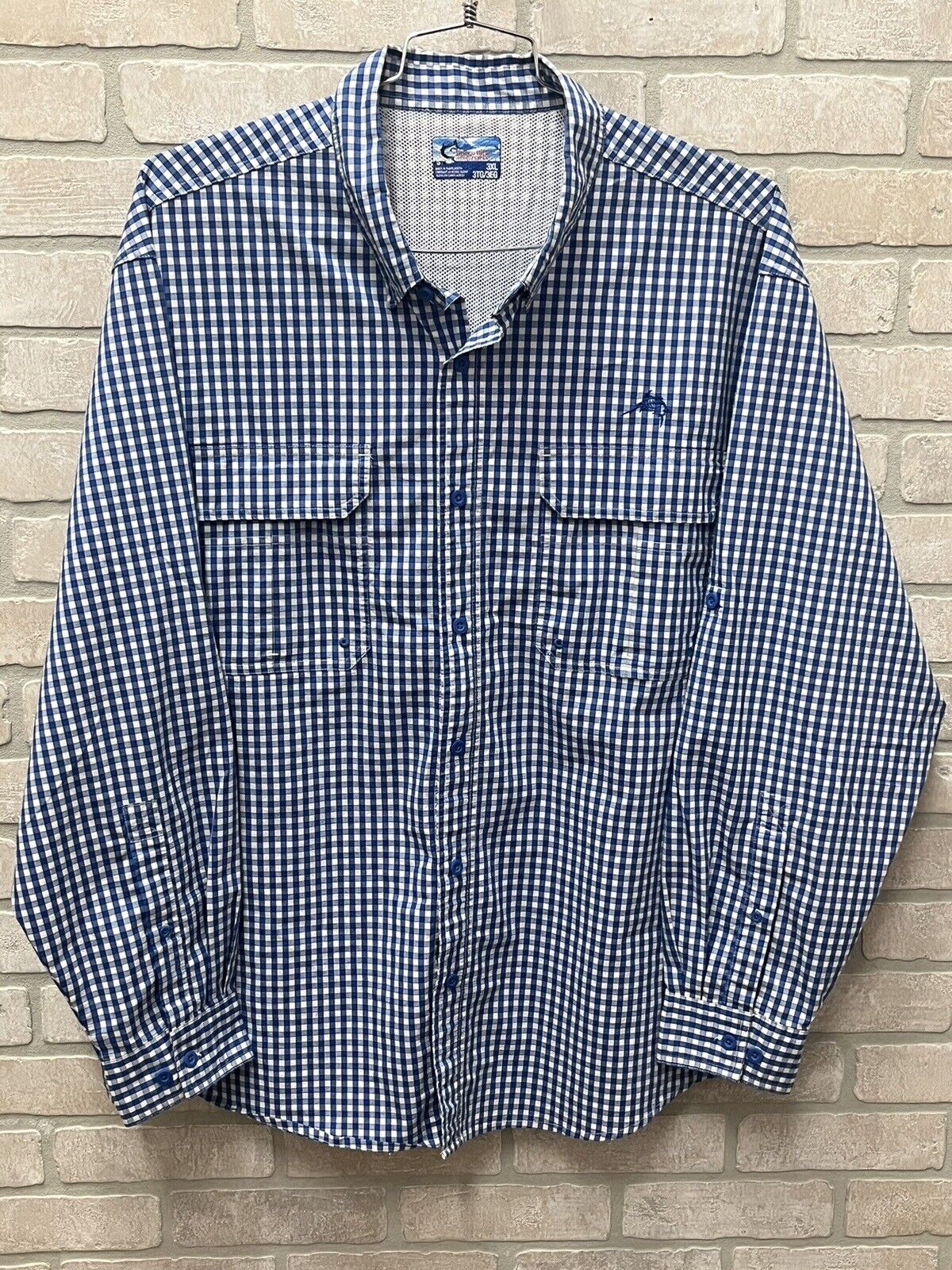 World Wide Sportsman Mens Fishing Shirt 3XL Blue White Check Long Sleeve Vented