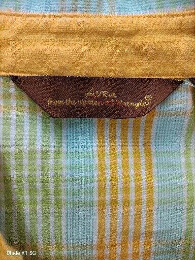 AURA by Wrangler Womens L Yellow Green Blue Plaid Pearl Snap Western Shirt READ