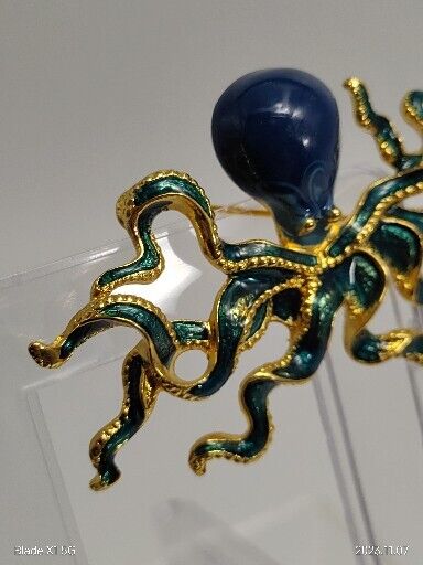 Vintage Signed MFA Museum of Fine Arts Octopus Enamel Brooch Pin Beach Teal Blue