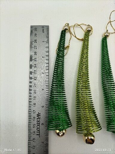 5 Vtg. Light & Dark Green Spring Santa Hat Christmas Tree Ornaments with bells