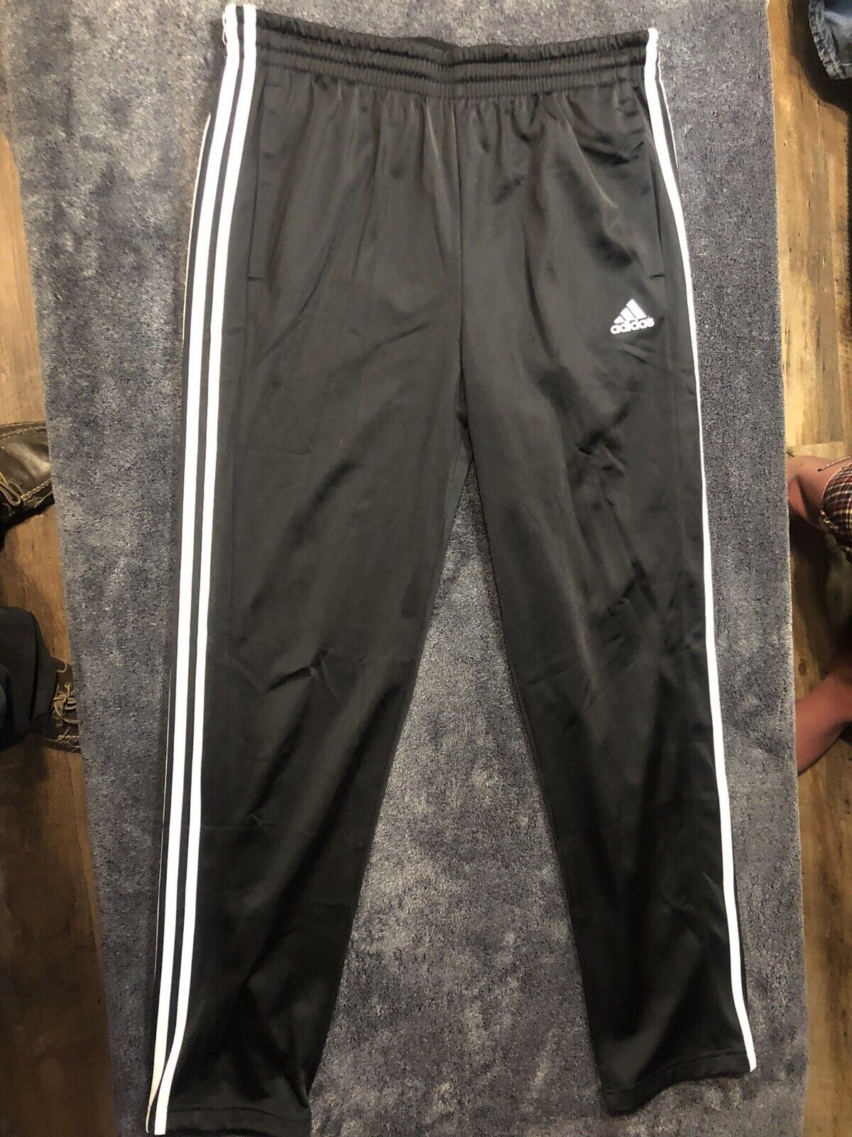 Adidas Men's Three Stripe Warm Up Track Pants Black Drawstrings Size LEL 32W 40L