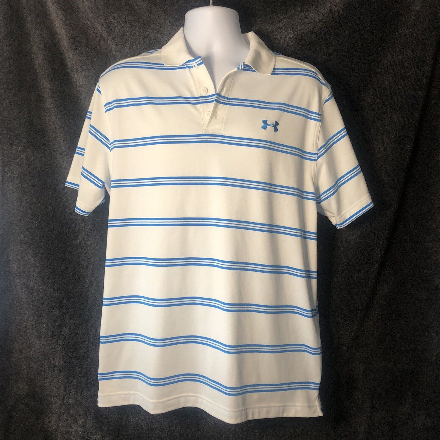 Under Armour Polo Shirt Mens Size LG/G/G blue White Loose Heat Gear Golf Striped