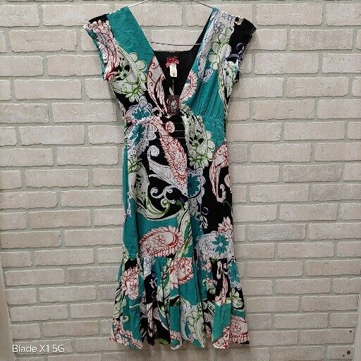 Downeast NWT Teal Floral Paisley V-Neck Short Sleeve Midi Fit N Flare Dress XS