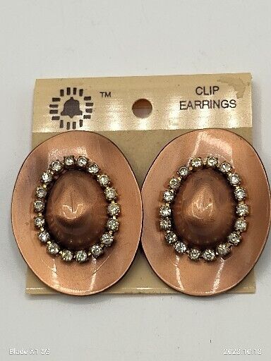 VINTAGE Copper Metal COWBOY HAT Clip Earrings With White Rhinestone Western