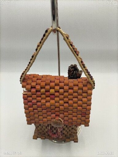 Cute Small Handmade Reed Wicker Wood tone Purse/ Handbag Shape Like A Cottage