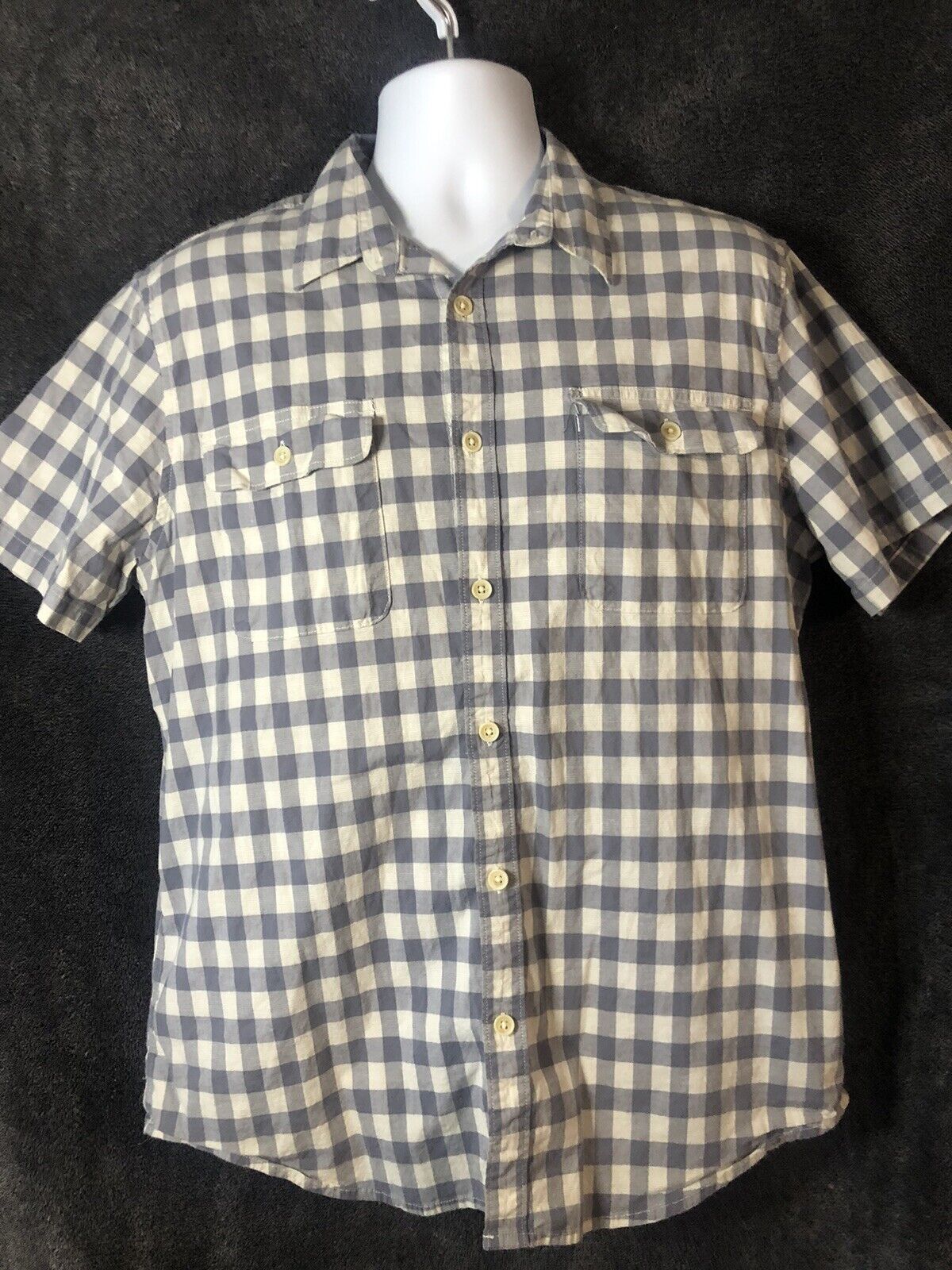 Lucky Brand Shirt Mens Size LG ButtonUp Blue Check Short Sleeve Casual ￼Stretch