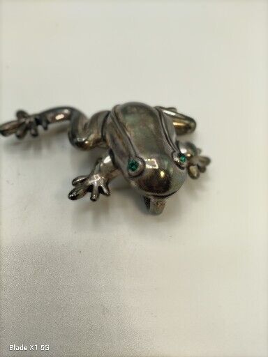 Vintage Silver Tone Frog Toad Brooch Pin Pendant Green Rhinestone Eyes