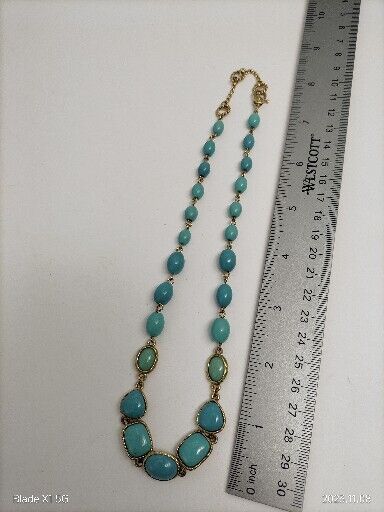 Vintage Signed Monet Teal Beaded Gold Tone Necklace Two Stones Glow