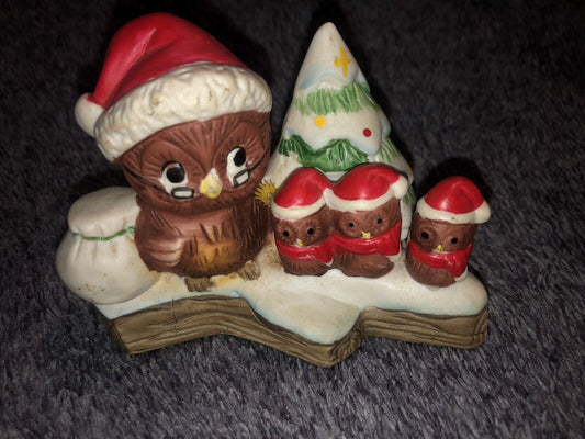 VINTAGE Ceramic UCGC Japan Christmas Figure SANTA Owl & Owlets Babies On Tree