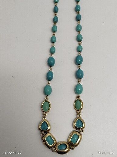 Vintage Signed Monet Teal Beaded Gold Tone Necklace Two Stones Glow