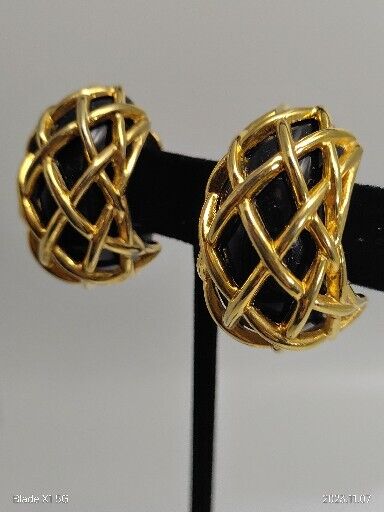 Vintage Signed Kenneth J Lane Gold Tone Caged Style Clip Earrings Black Acrylic