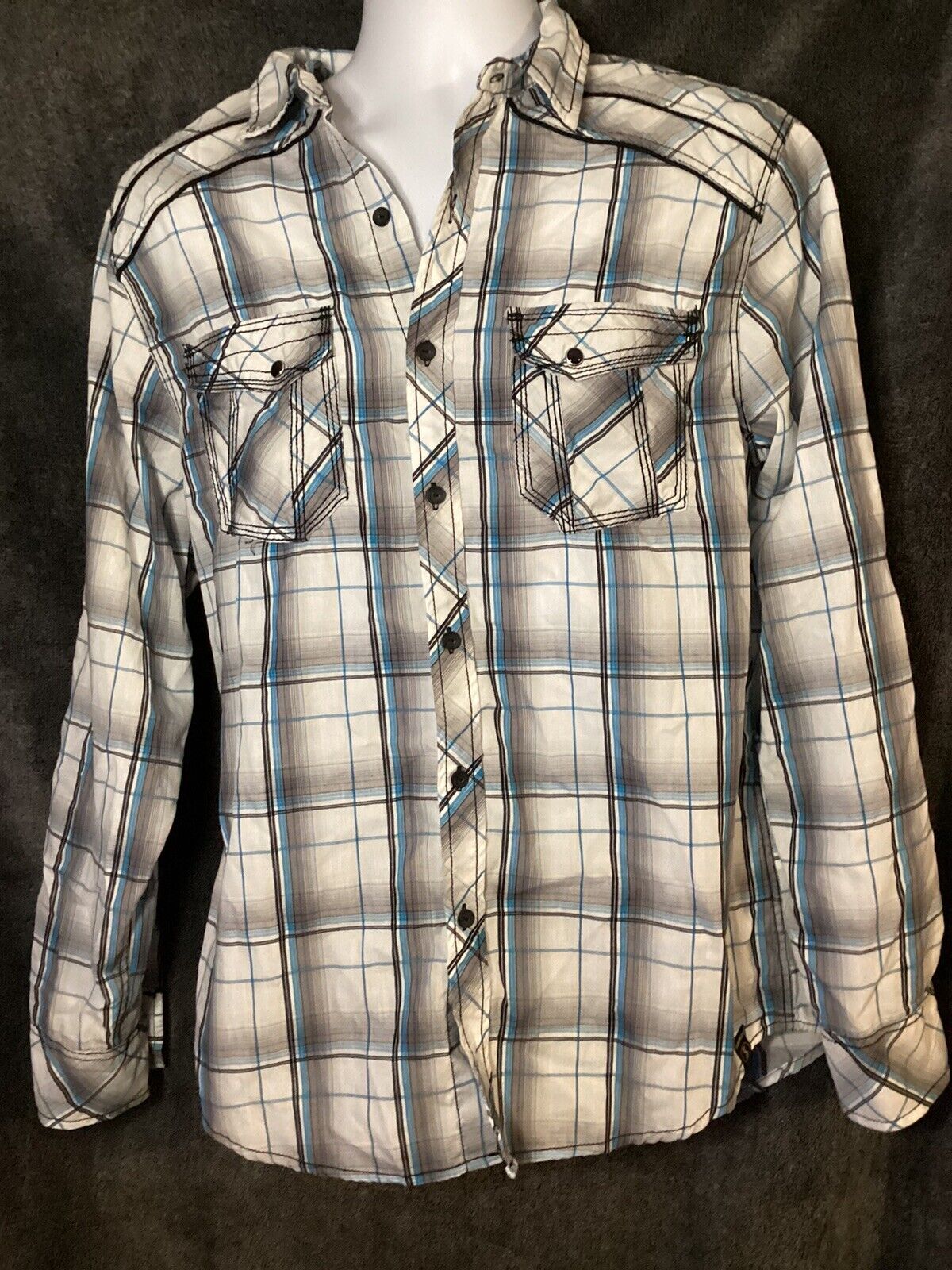 Surplus Black Blue White ￼Plaid Long Sleeve Button Down Up Shirt Men's M Casual