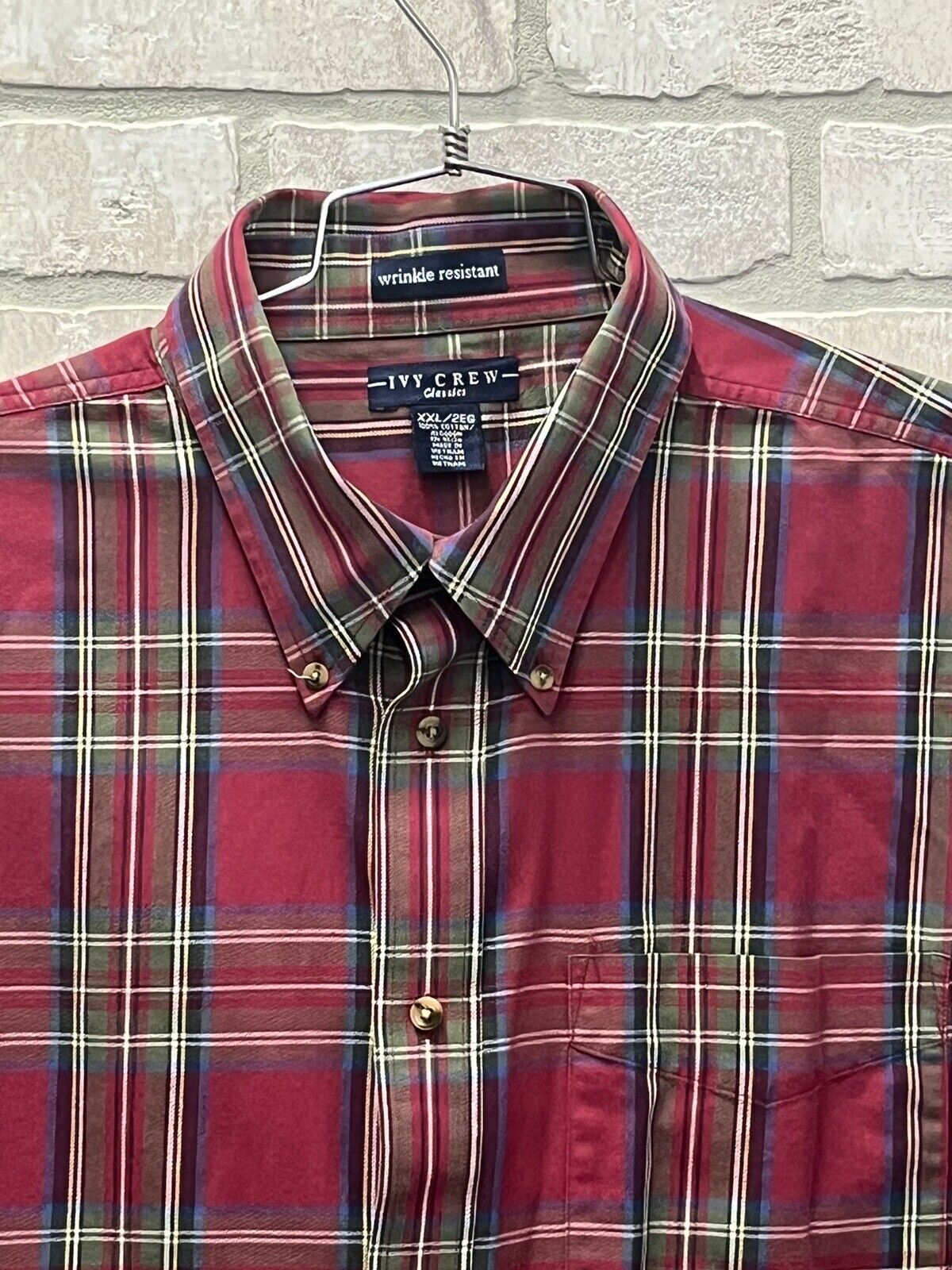 Ivy Crew Classics Men Button Up Shirt Sz 2XL Red Tartan Plaid wrinkle resistant