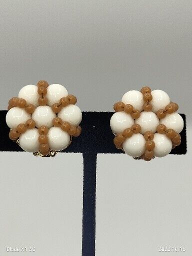 Vintage Signed HOBE White And Tan Milk Glass Flower Beaded Clip On Earrings