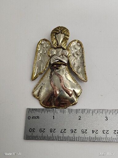 Vintage Signed SJ Supreme Jewelry Gold Tone Christmas Angel Metallic Brooch Pin