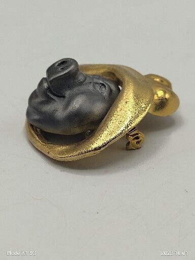 Vintage Pig Hog In Hat Brooch Pin Gold Silver Pewter Two Toned Fisherman