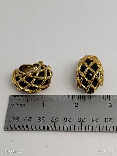 Vintage Signed Kenneth J Lane Gold Tone Caged Style Clip Earrings Black Acrylic