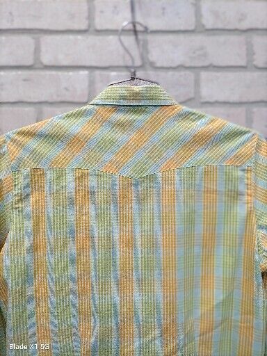 AURA by Wrangler Womens L Yellow Green Blue Plaid Pearl Snap Western Shirt READ