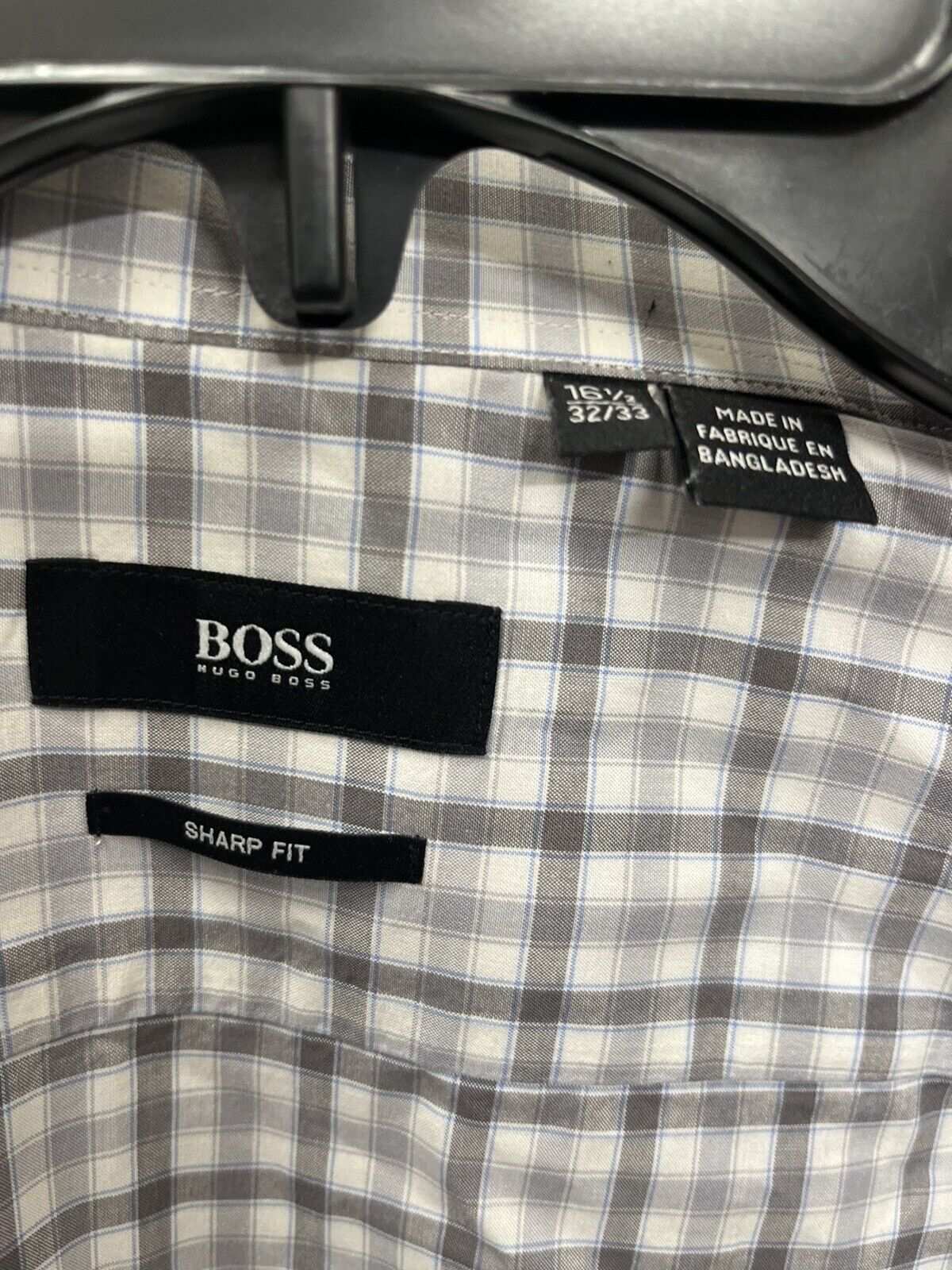 Hugo Boss Shirt Mens 16 1/2 32/33  Gray Plaid Sharp Fit Long Sleeve Button Up