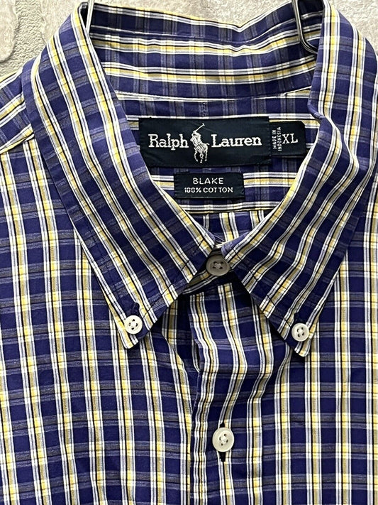 VTG Polo Ralph Lauren Shirt Mens Extra Large Button Up Blue Plaid Twill Blake XL