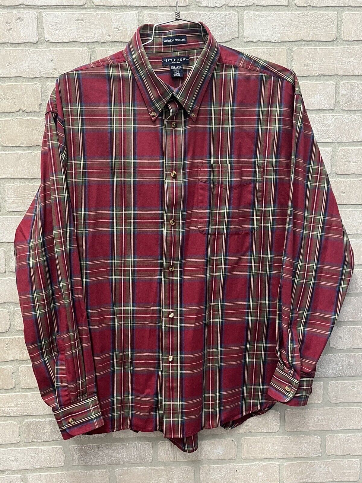 Ivy Crew Classics Men Button Up Shirt Sz 2XL Red Tartan Plaid wrinkle resistant